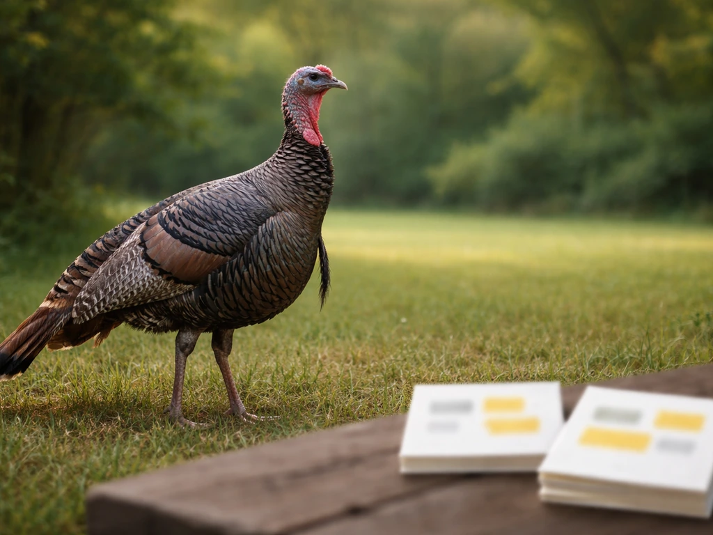 Wild turkey in profile near a simple studio desk setup with blurred pronunciation cue cards, no text.