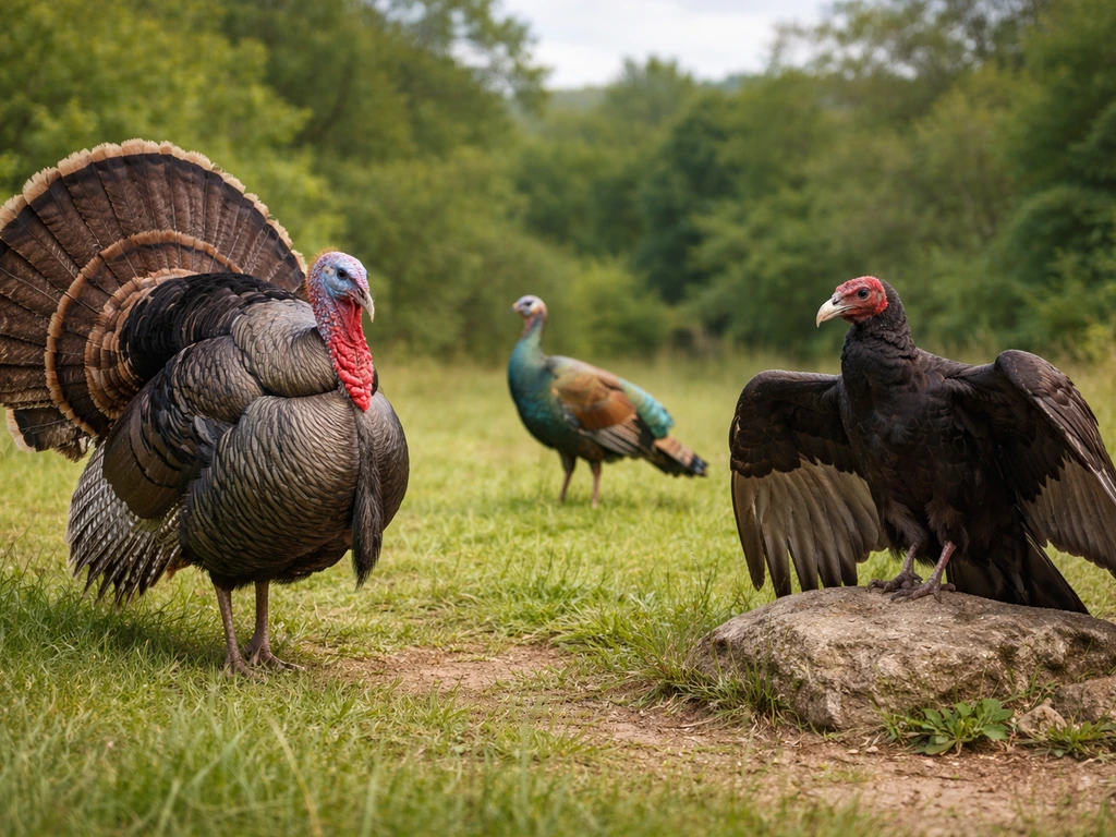 Minimal photo of three separate bird figures—wild turkey, turkey vulture, and a generic turkey-like bird—in a simple out