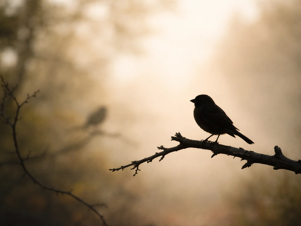 A single bird perched on a branch with soft natural morning light and minimal background blur.