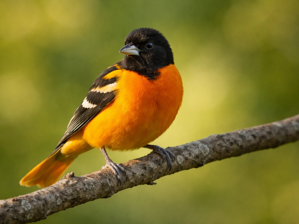 An orange-and-black oriole perched on a branch in soft natural light against a blurred green background.