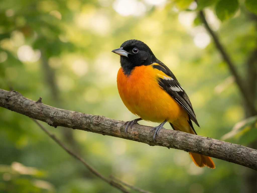 An oriole perched on a tree branch in soft morning light