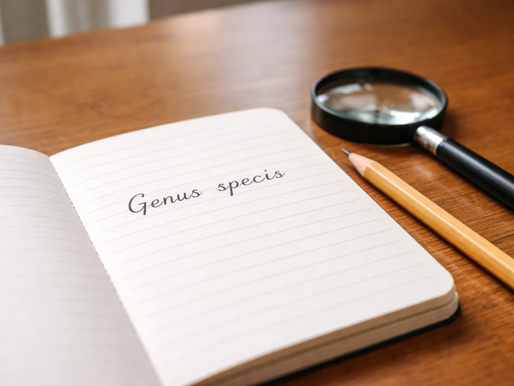Close-up of a field notebook showing a two-part Latin name in uppercase genus and lowercase species