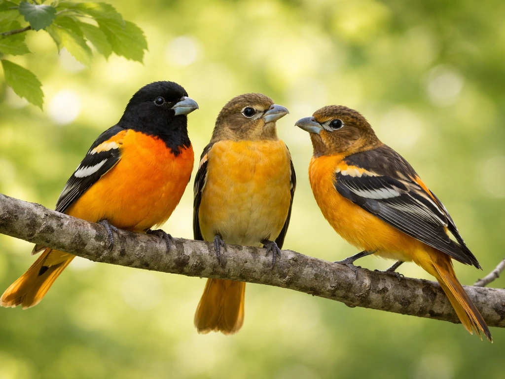 Several small orioles perched on a branch, showing bright orange, black, and white wing-bar markings in natural light.