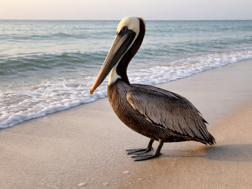 A brown pelican standing on a sandy beach with calm ocean behind it.