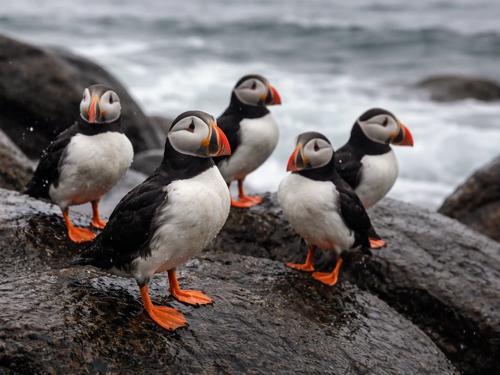 Puffins standing on coastal rocks with ocean waves behind them, minimal realistic nature photo