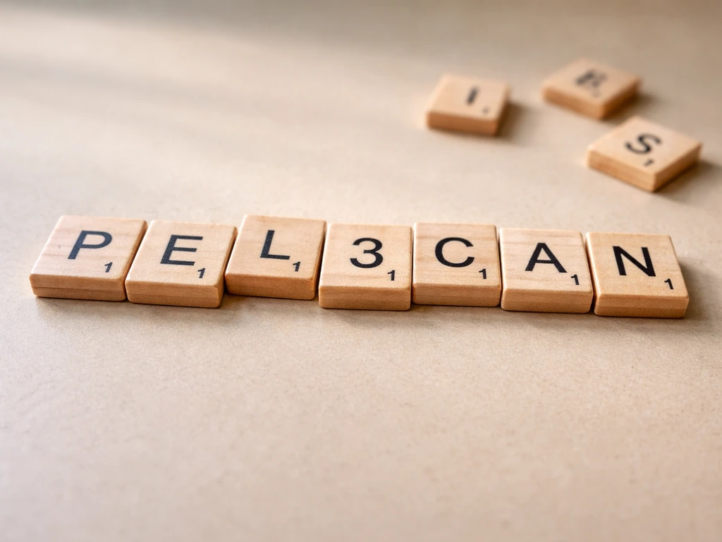 Scattered letter tiles spelling PELICAN with one tile showing a subtle variant misspelling