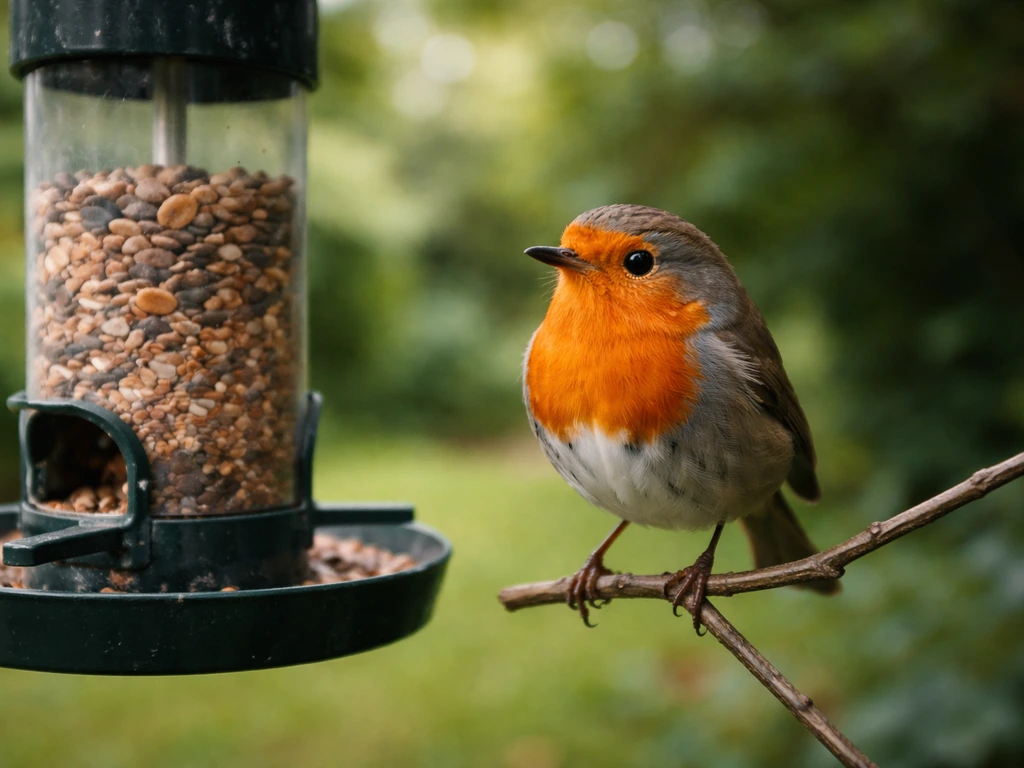 Small backyard garden birds perched on a twig near a feeder, soft natural light, minimal scene.