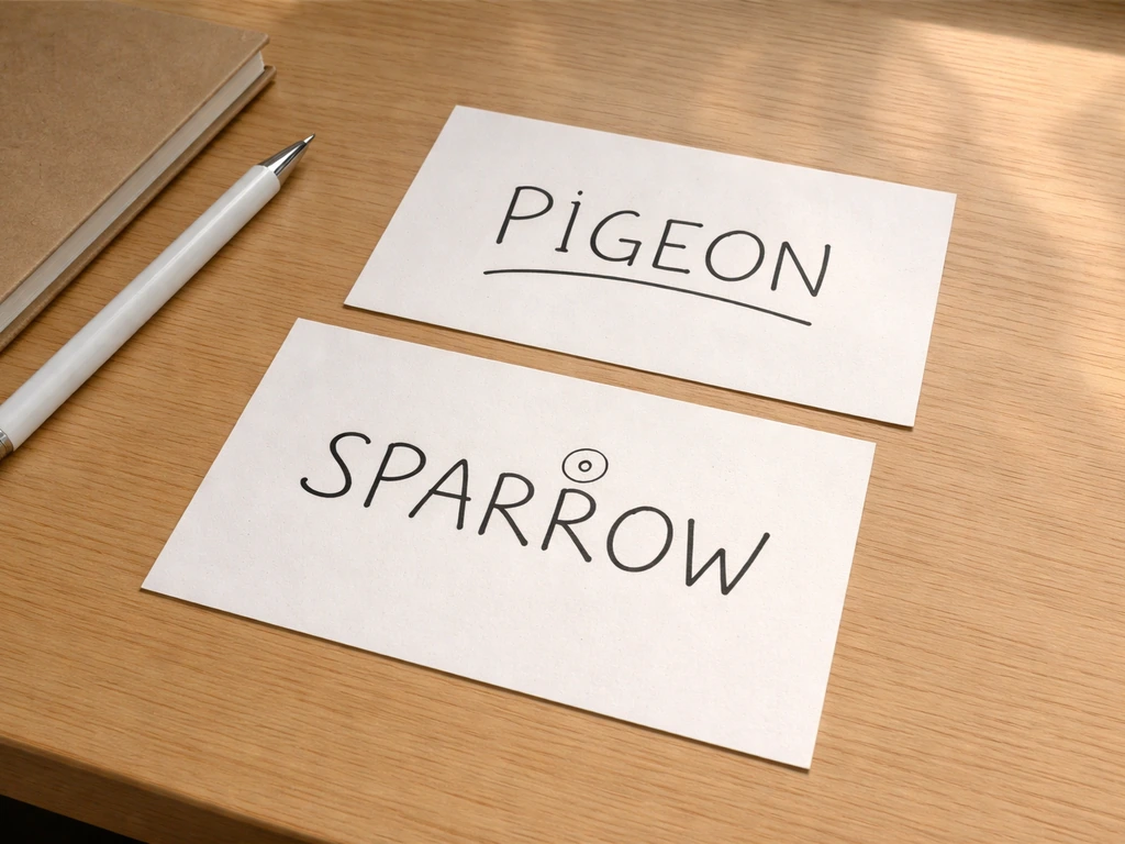 Minimal desk with two flashcards showing handwritten spelling and pronunciation hints for PIGEON and SPARROW.