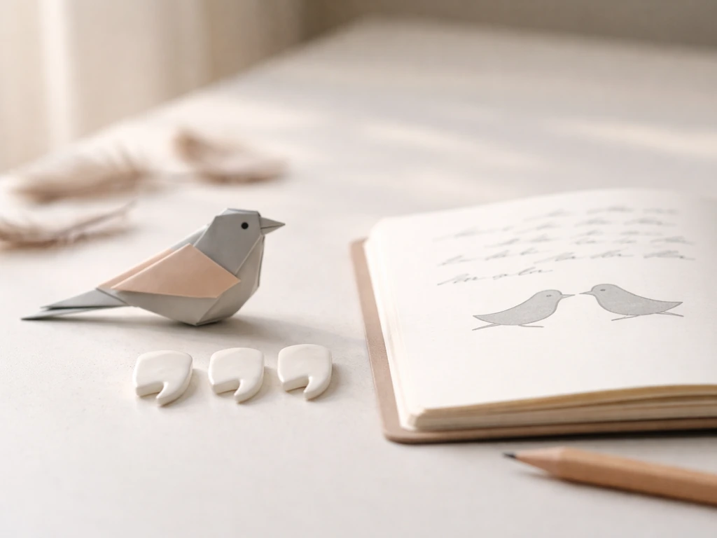 A small stylized bird beside blank quote-like tags and an open notebook, suggesting bird pronoun grammar.