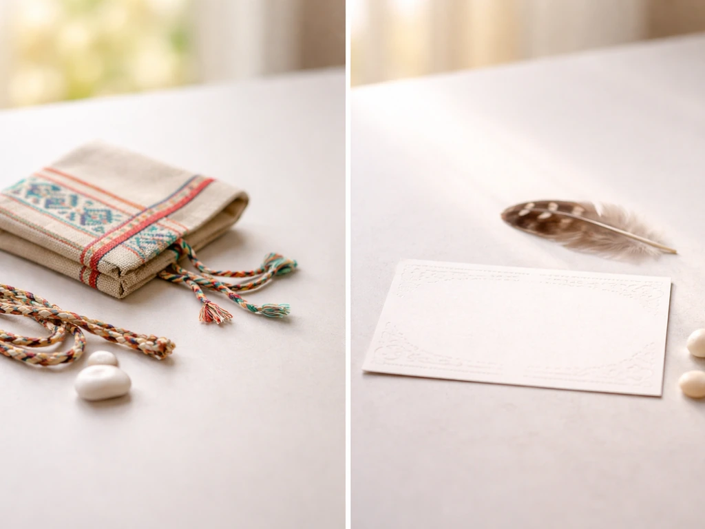 Minimal scene with a small bird feather and an empty notebook beside a language-diversity symbol-like motif