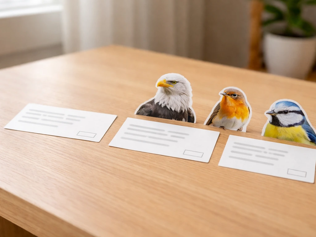 Wooden desk with three blank sentence cards and small eagle/bird photo cutouts laid out neatly.