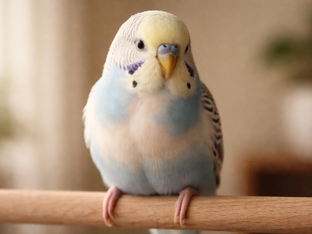 Close-up of a small pet bird perched, with the crop area on its neck/chest clearly visible.