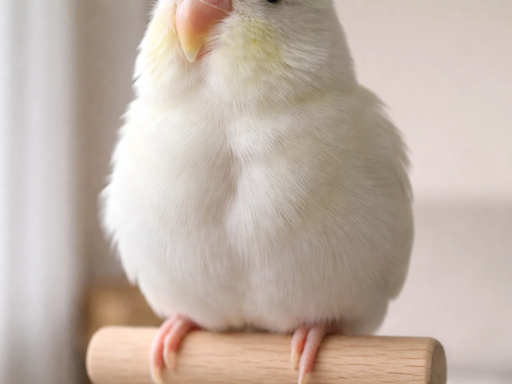 Close-up of a small pet bird perched indoors, neck area just above the chest clearly visible.