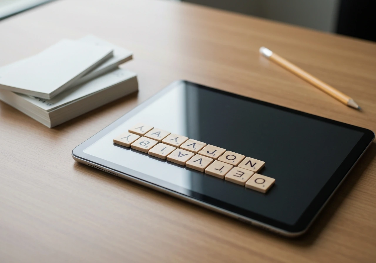 Wooden letter tiles and an anonymous desk setup suggesting crossword answers by length, shown clearly.