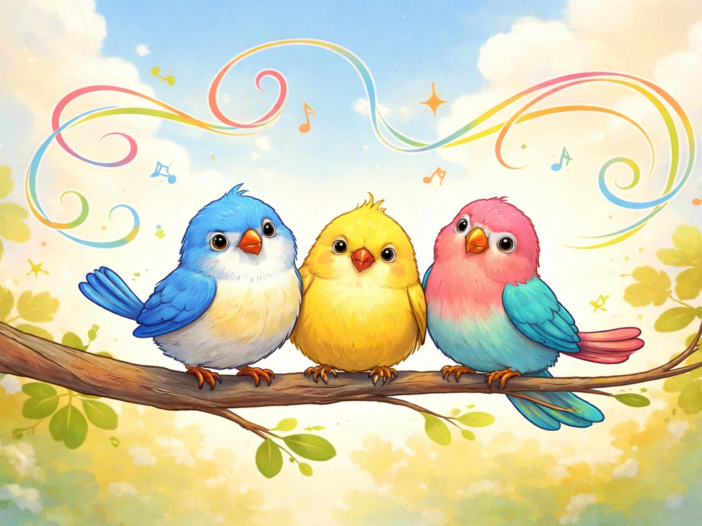 Colorful cartoon birds with playful ribbon-like shapes suggesting the phrase “Oh say can you say bird.”