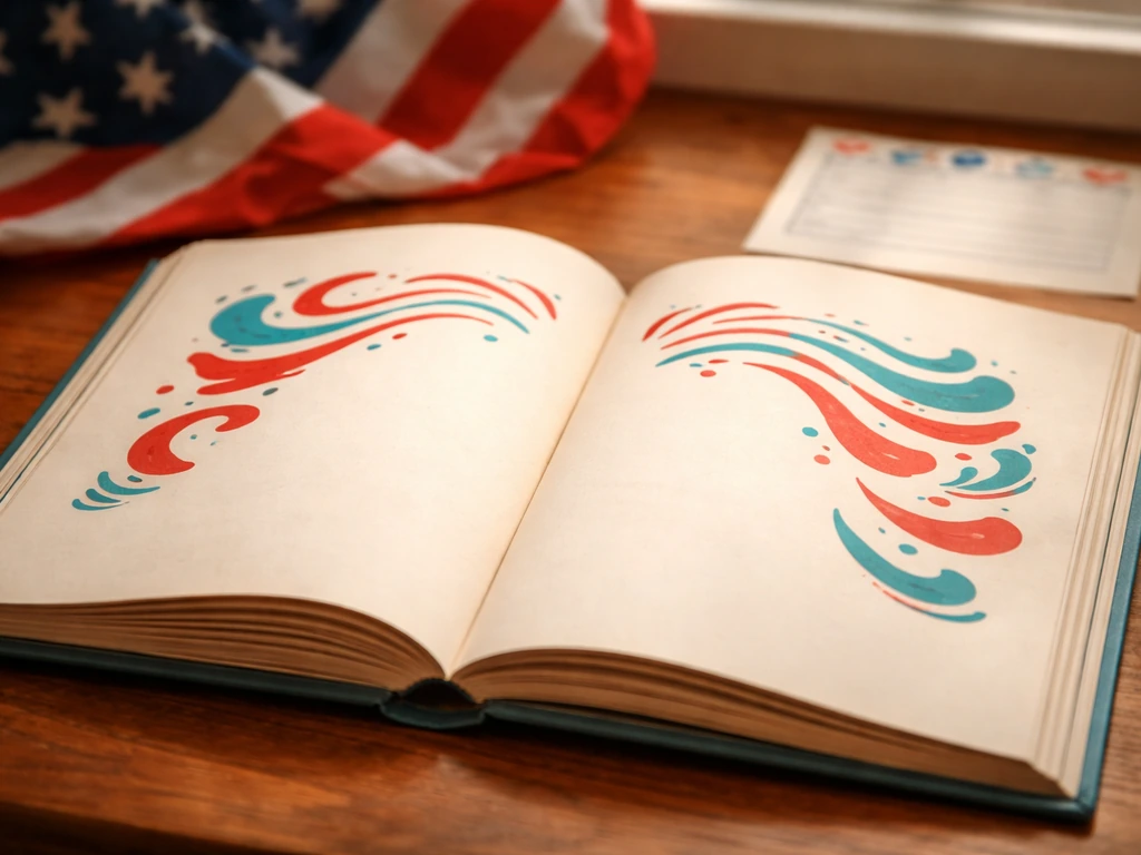 Close-up of a whimsical children’s book on a wooden desk with anthem-inspired wording in the background, no text shown c