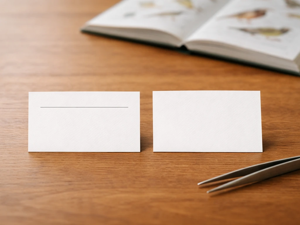 Two blank side-by-side cards on a wooden table, showing visual style contrast for common vs scientific bird names.