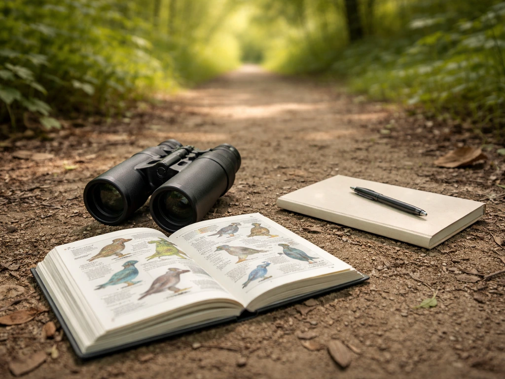 Binoculars and a bird field guide beside an open notebook on a natural trail