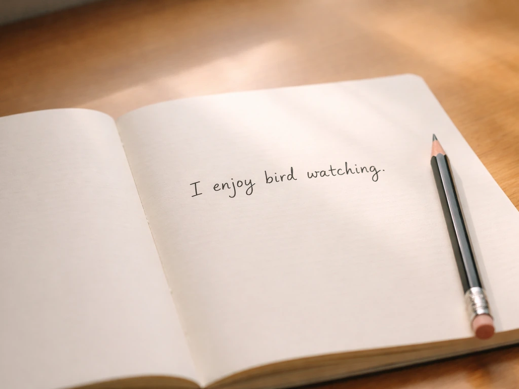 Close-up of a small notebook with handwritten sentence using “bird watching” in American English.