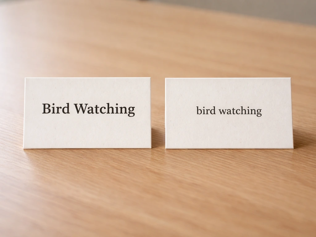 Close-up of two paper cards on a desk showing title case and sentence case phrasing about bird watching