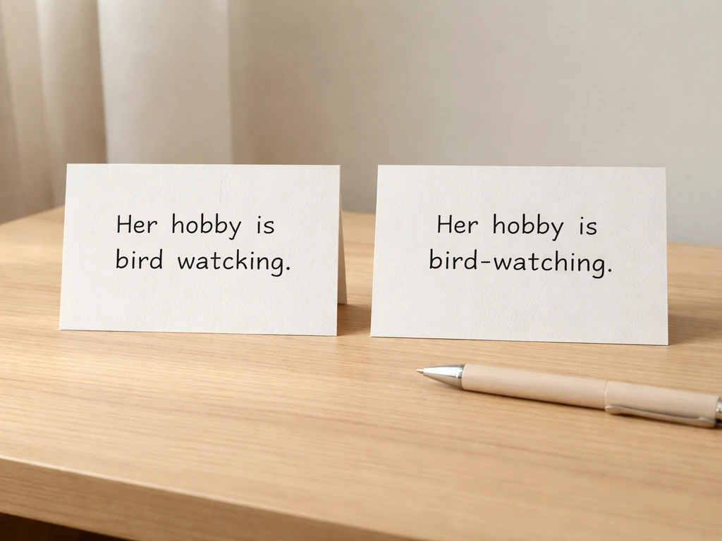 Two cue cards on a wooden desk showing correct and incorrect hyphenation examples for bird-related phrases.