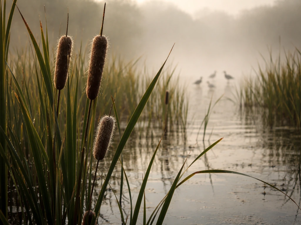 Close-up marsh reeds and cattails with a few small wading birds silhouetted in the misty background.