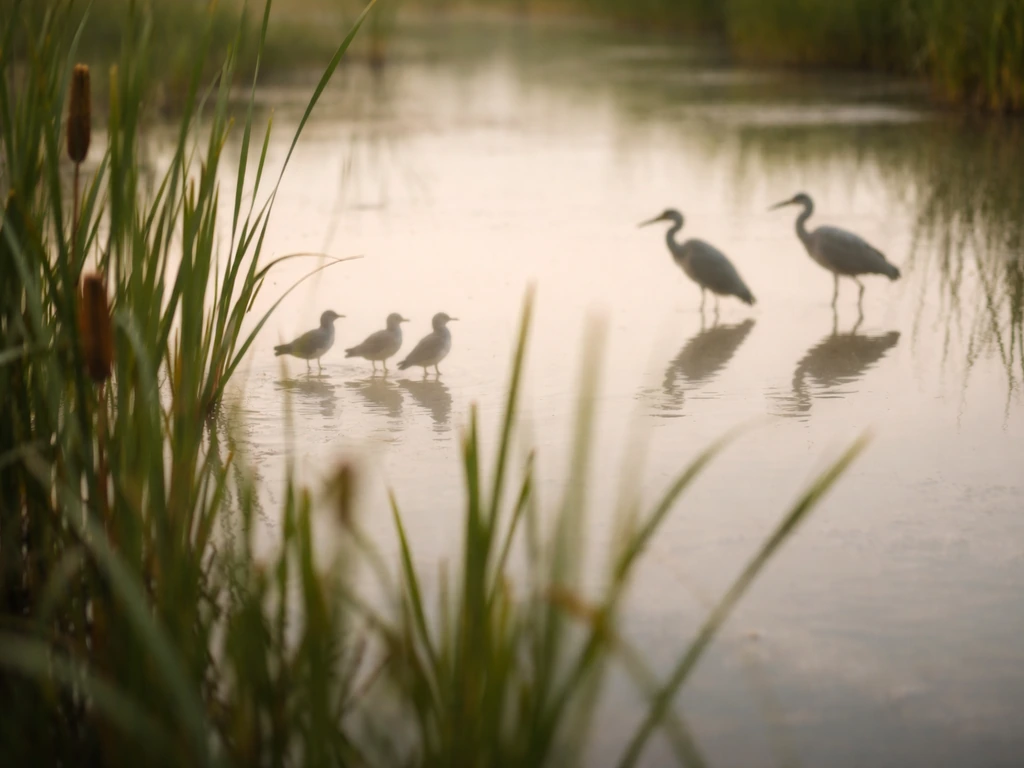 Minimal photo of marsh vegetation with simple silhouettes of rails and wading birds in the background