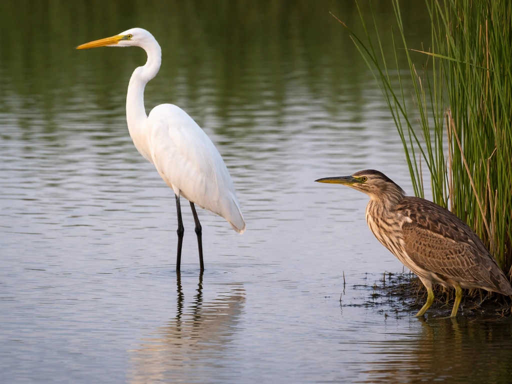 Close-up of an egret and a bittern in shallow marsh water, highlighting long neck and wading posture.
