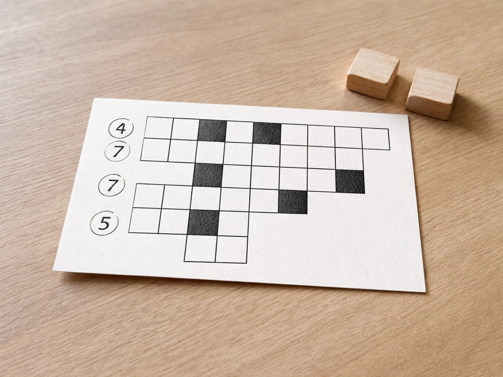 Minimal desk scene with a small crossword grid card showing letter-count checkmarks.