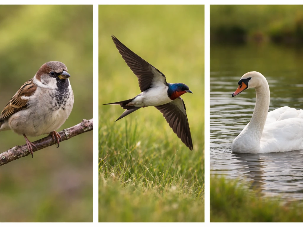 Three small photo frames showing a sparrow, swallow, and swan outdoors in natural light.