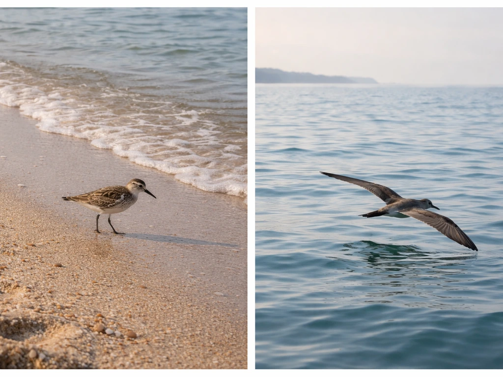 Sandpiper on sandy shore and a seabird over rippling ocean water in a minimal two-scene image.