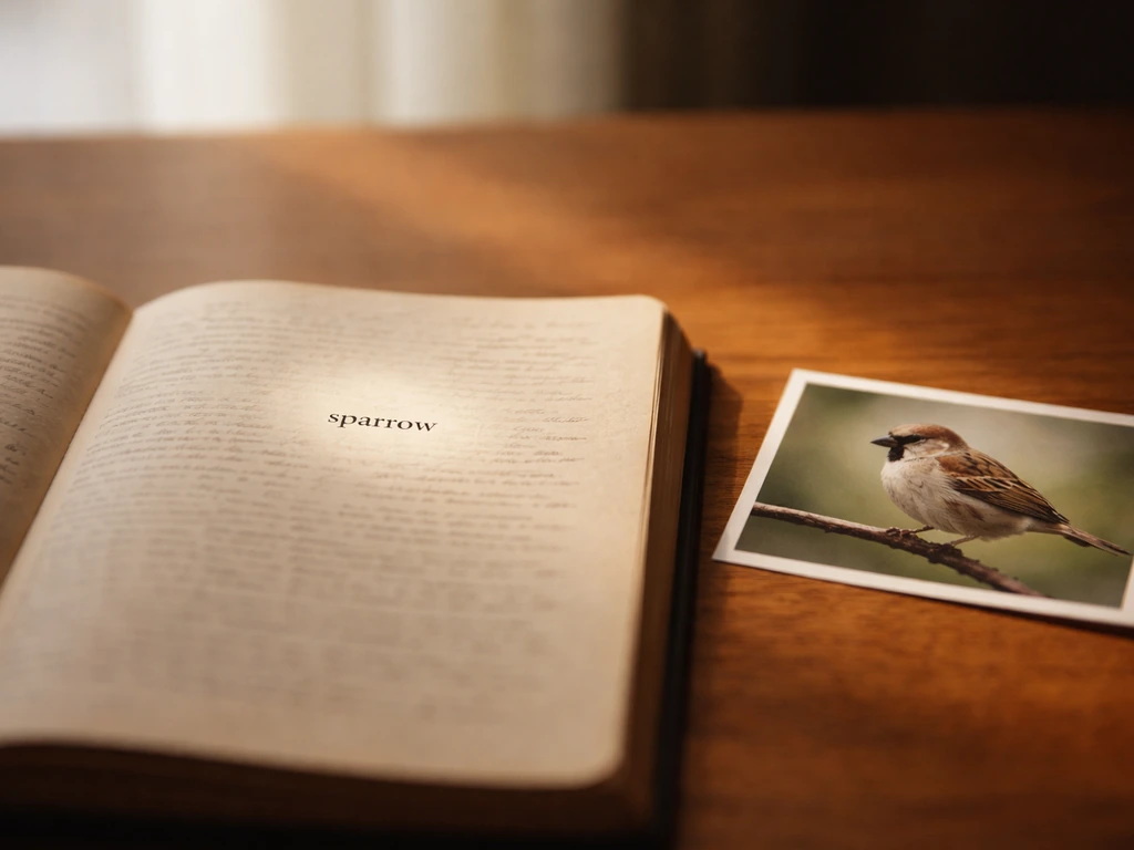 Vintage dictionary page with a highlighted word and a small sparrow perched nearby in warm light.