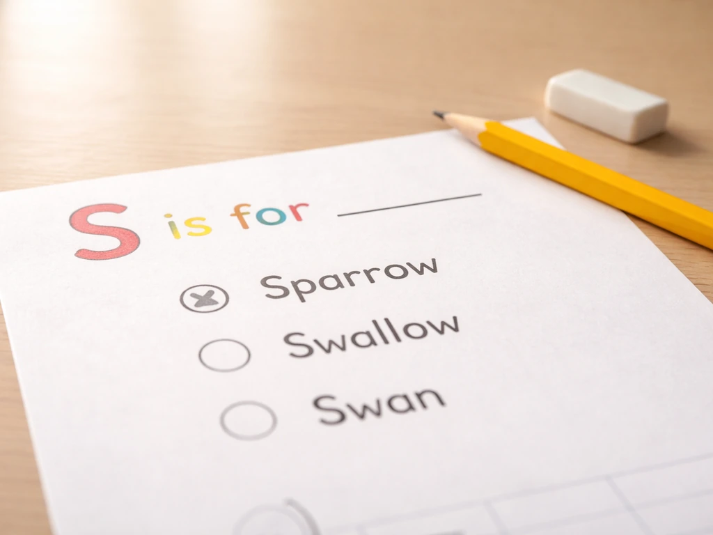 Close-up of a worksheet reading “S is for ___” with filled bird answers and a pencil nearby.