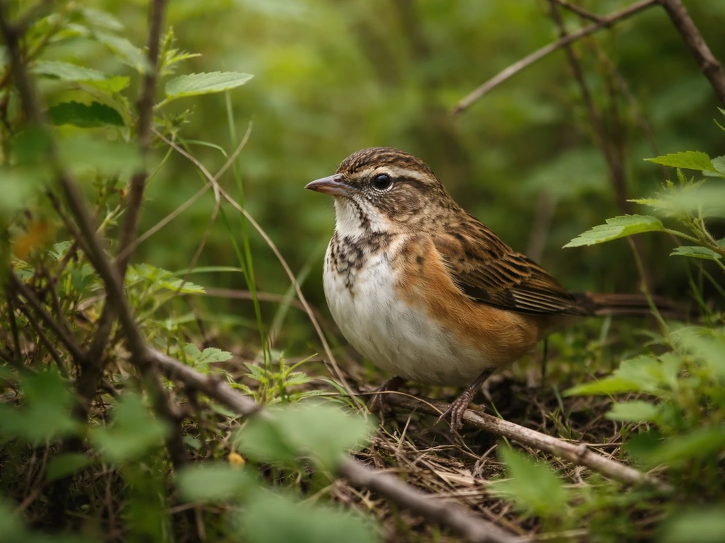 A towhee bird perched in green brush with natural daylight and soft blurred background.