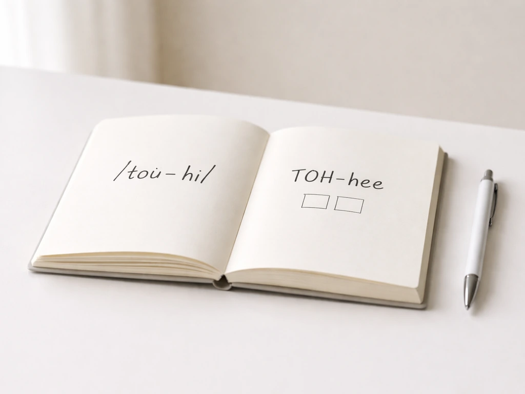 Minimal photo-style scene of a notebook with phonetic symbols and a simple TOH-hee style respelling
