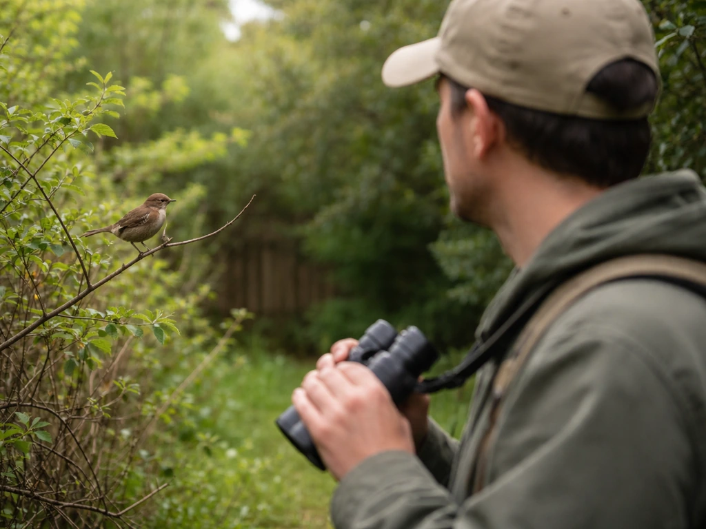 Person in a quiet backyard holding binoculars while a small brown bird perches on a branch