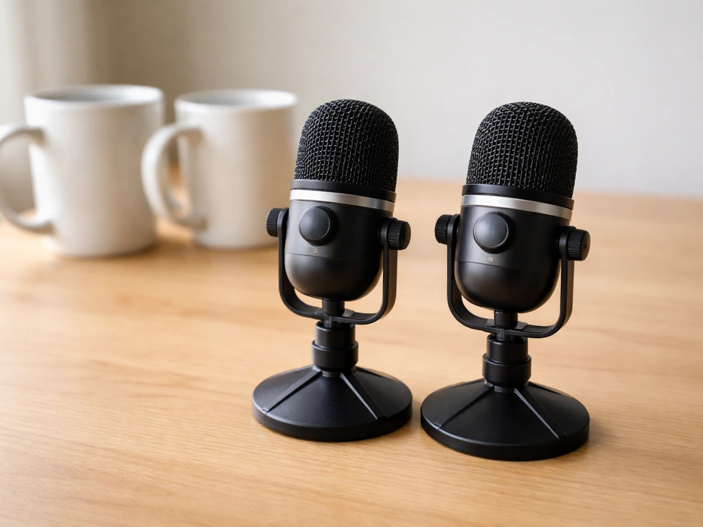 Side-by-side microphones on a wooden desk, simple natural-light scene for pronunciation practice.