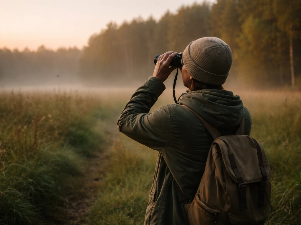 Person birdwatching at dawn with binoculars, focused on a distant bird in a quiet natural setting