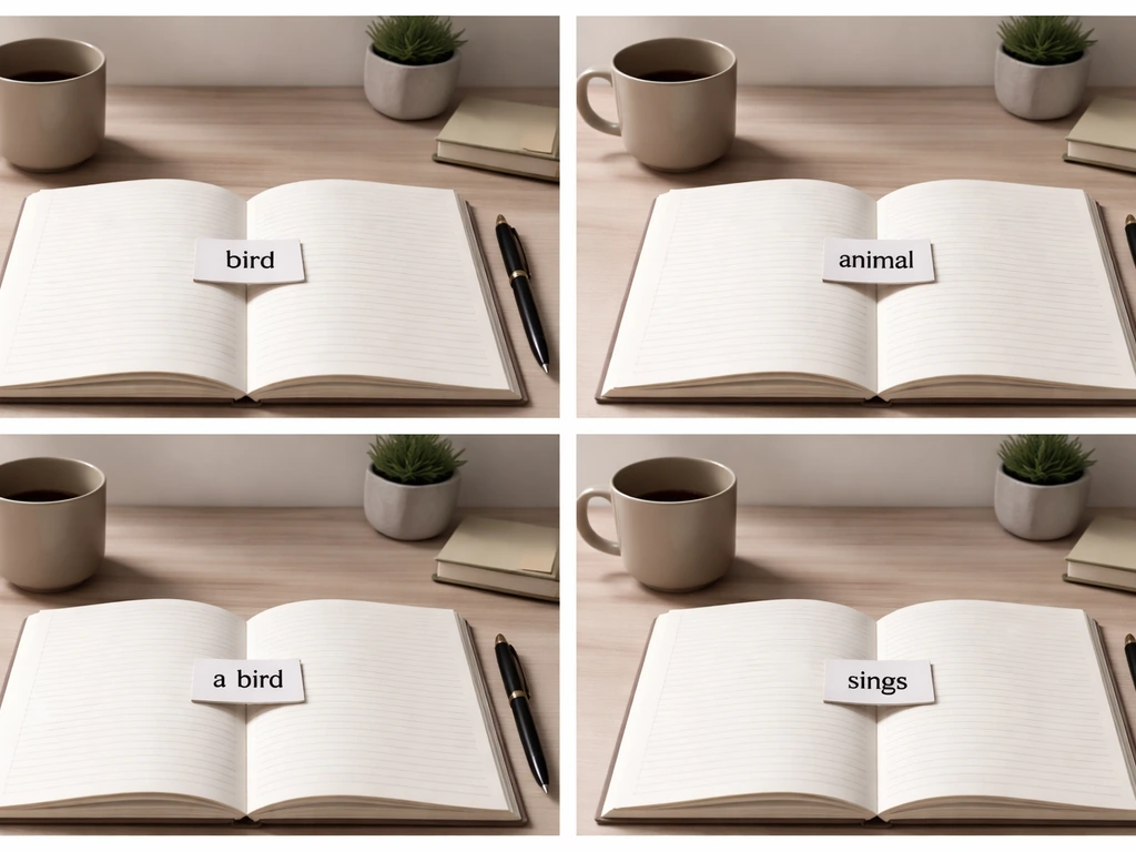 Four mini desk panels with notebook and pen showing word cards replacing “bird” in a sentence.