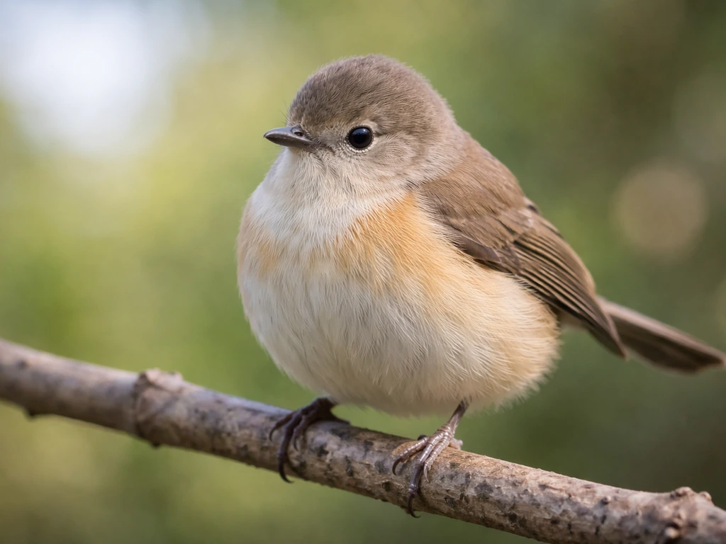 Close-up of a small bird with a noticeably small head, perched on a natural branch in soft daylight.