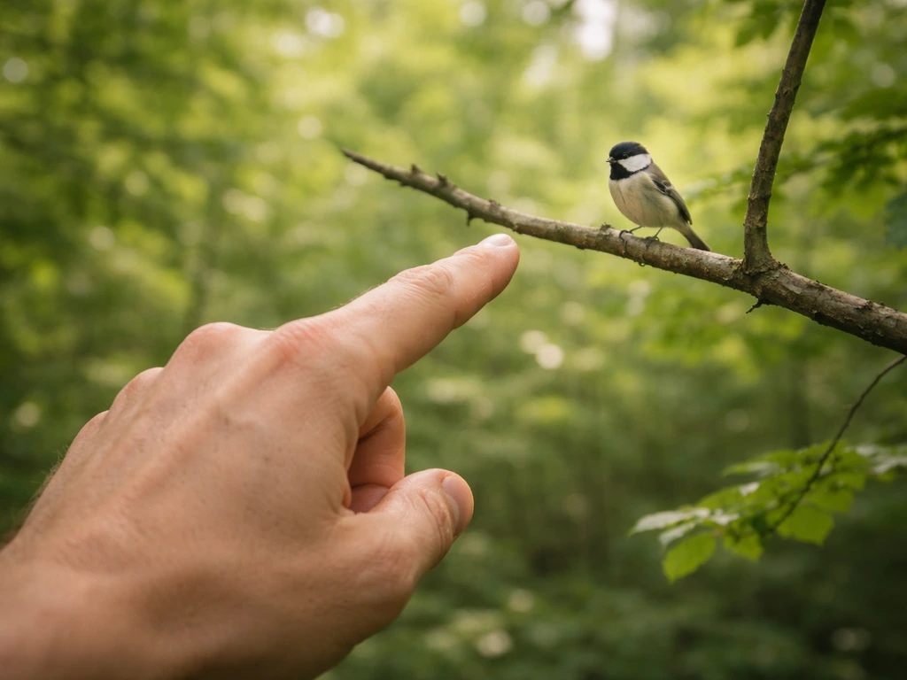 Person’s hand pointing toward a small bird perched on a branch in natural daylight.
