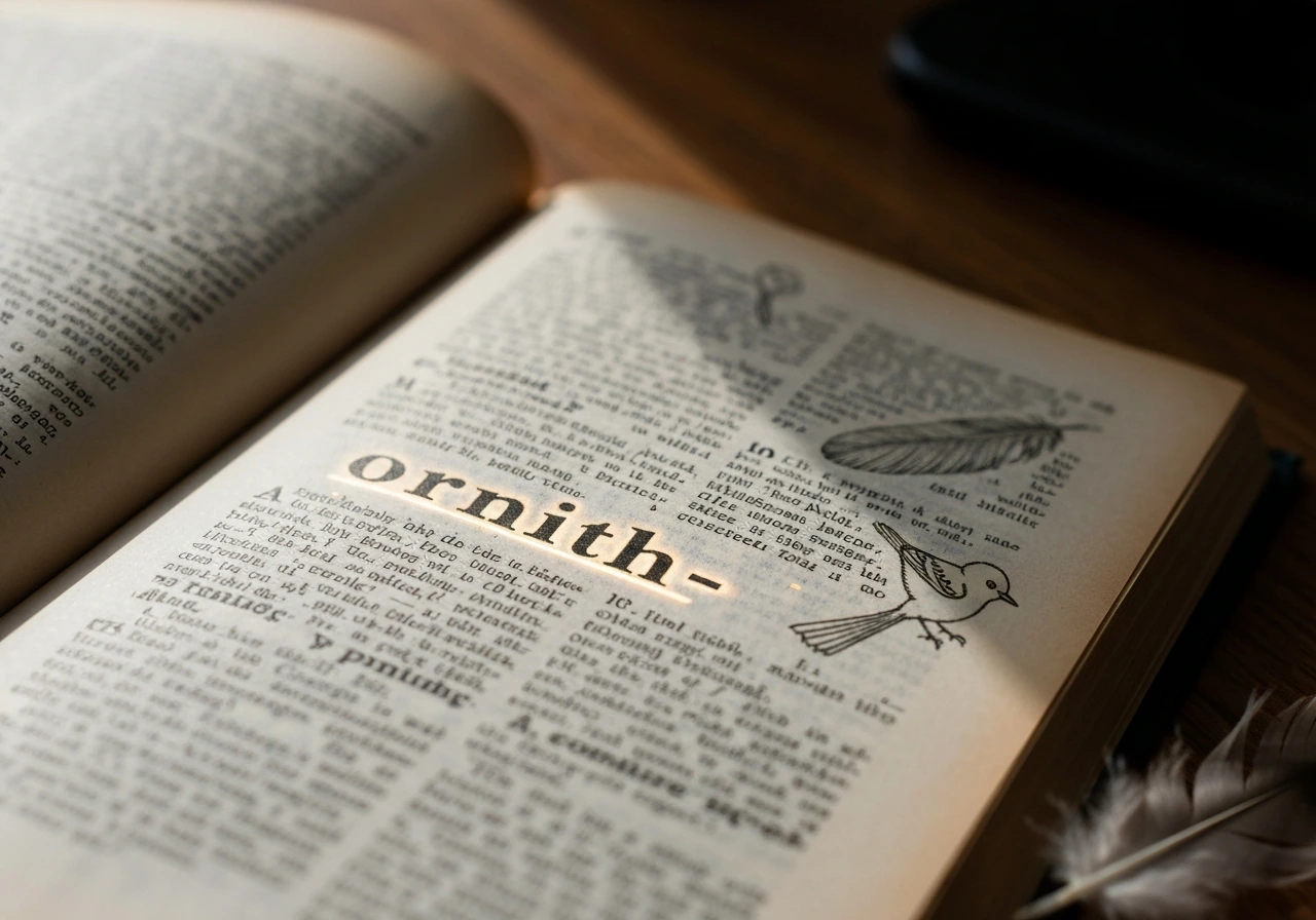Vintage dictionary page close-up with “ornith-” visible and subtle bird illustration and feathers.