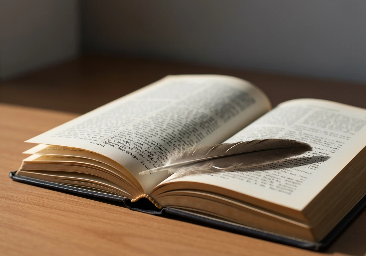 Minimal close-up of bird feathers beside a single old dictionary page, suggesting the etymology of “ornith-”.