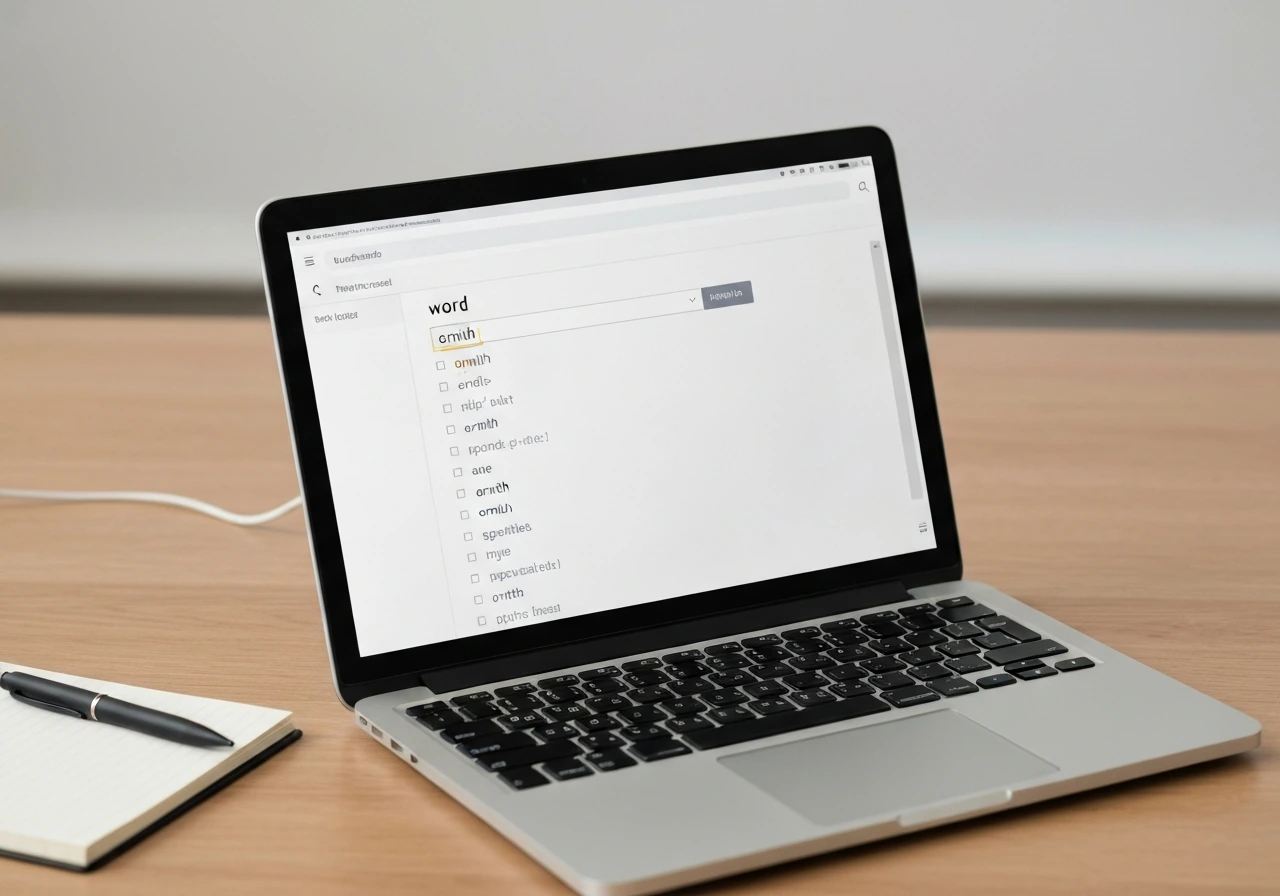 Laptop screen showing a substring search for “ornith” with matching word entries highlighted.