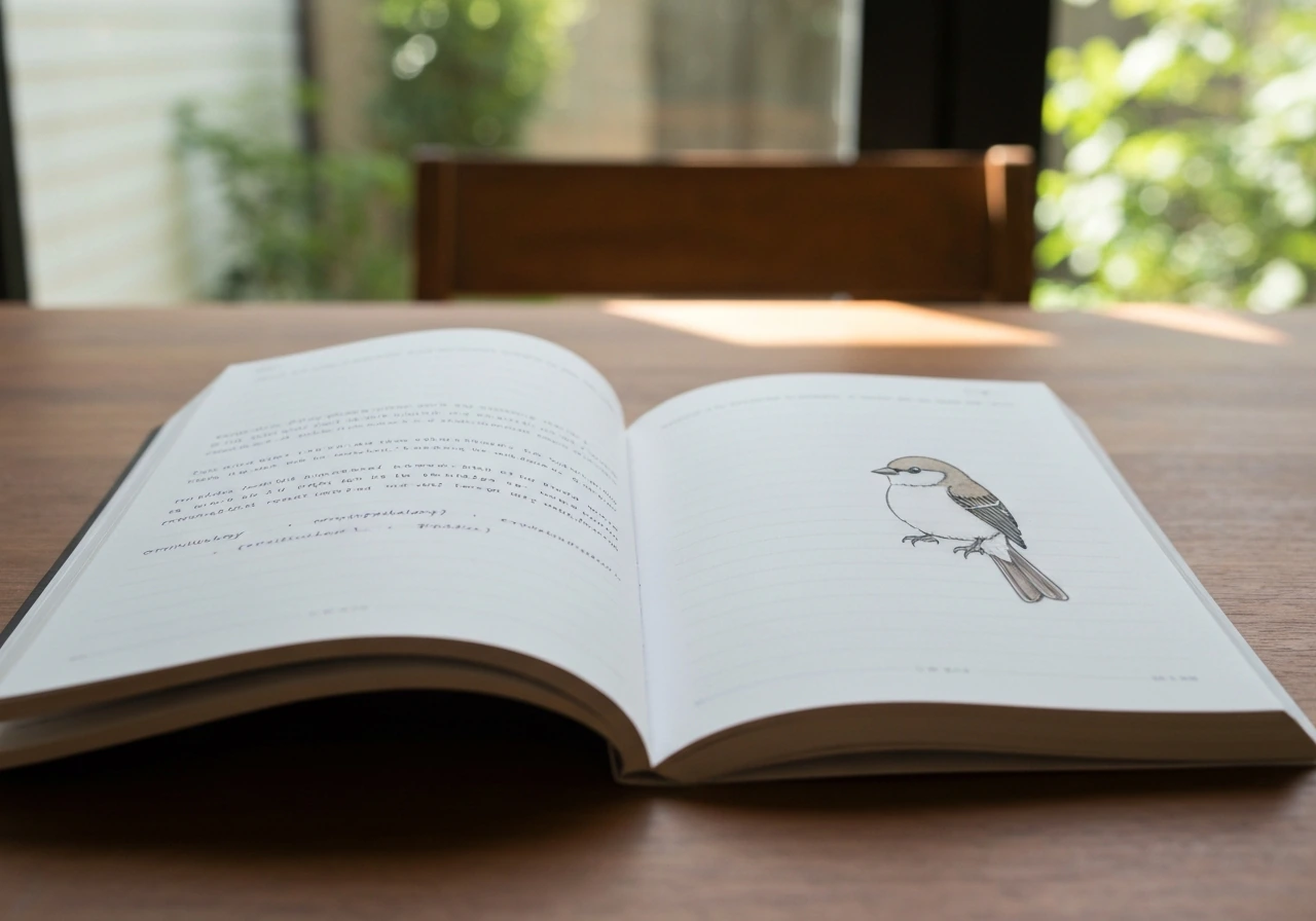 Open birding notebook on a wooden table with ornith- words and a small simple bird sketch.