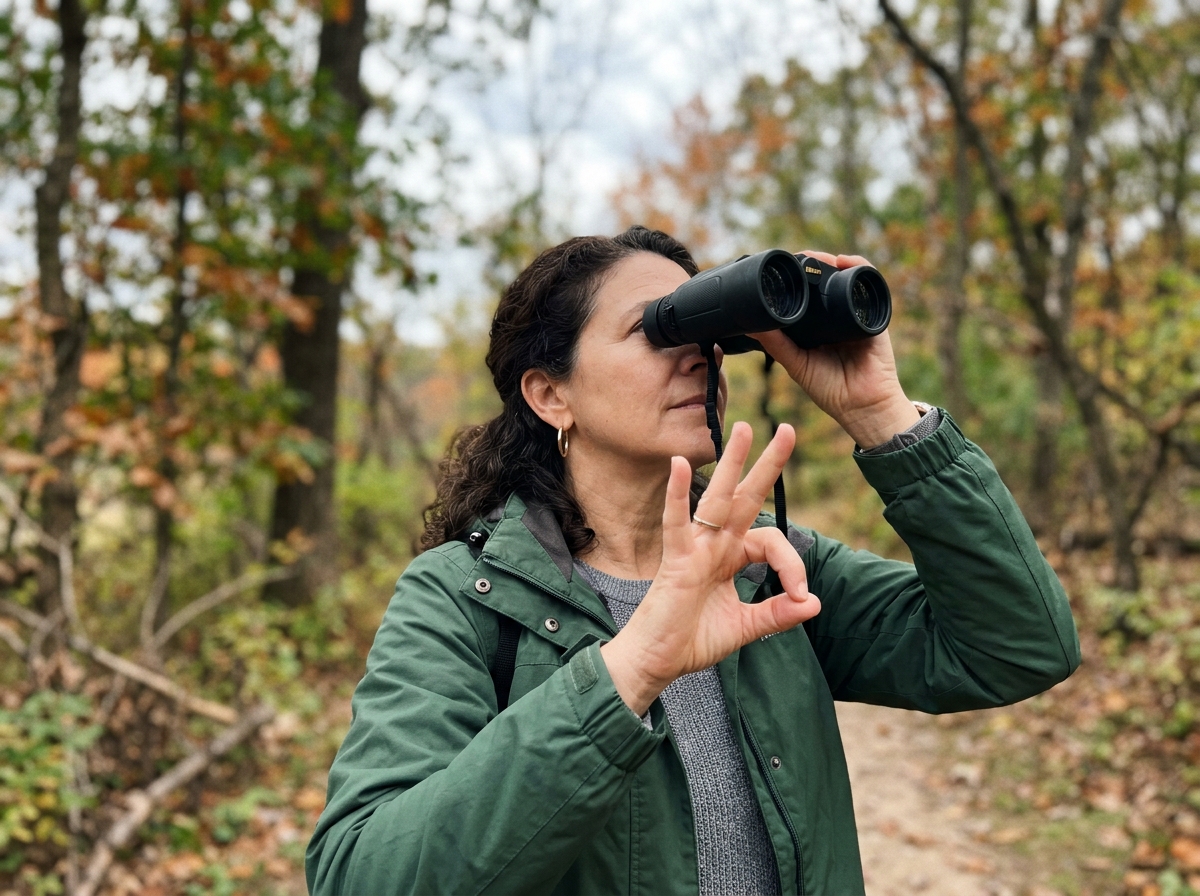 People outdoors using the BIRD sign while looking at birds through binoculars
