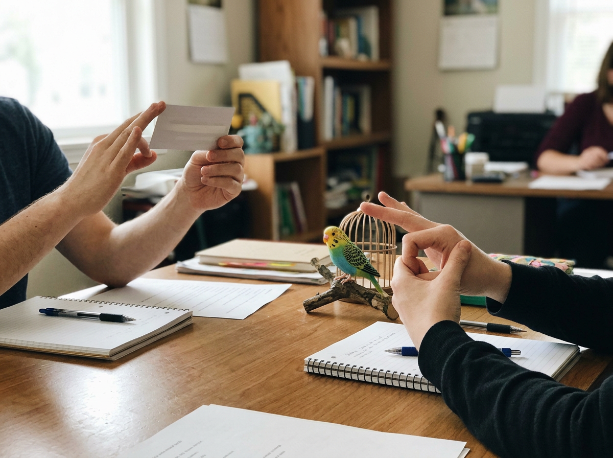 Hand comparing general BIRD sign vs fingerspelling a species name for a specific pet bird context