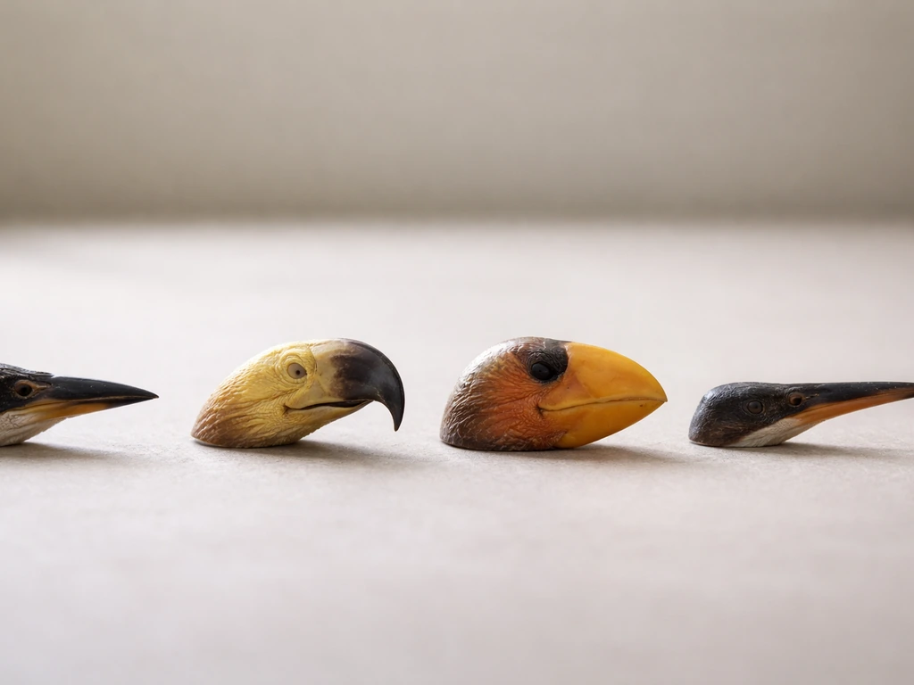 Four close-up bird beak profiles on a neutral tabletop: pointy, hooked, broad, and long shapes.
