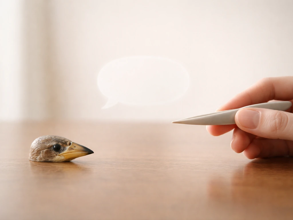Real bird beak beside a pointed utensil, with an empty speech-bubble shape to suggest metaphor vs literal meaning.