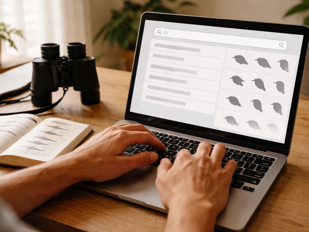 Person typing bird beak search queries on a laptop beside a nature field guide